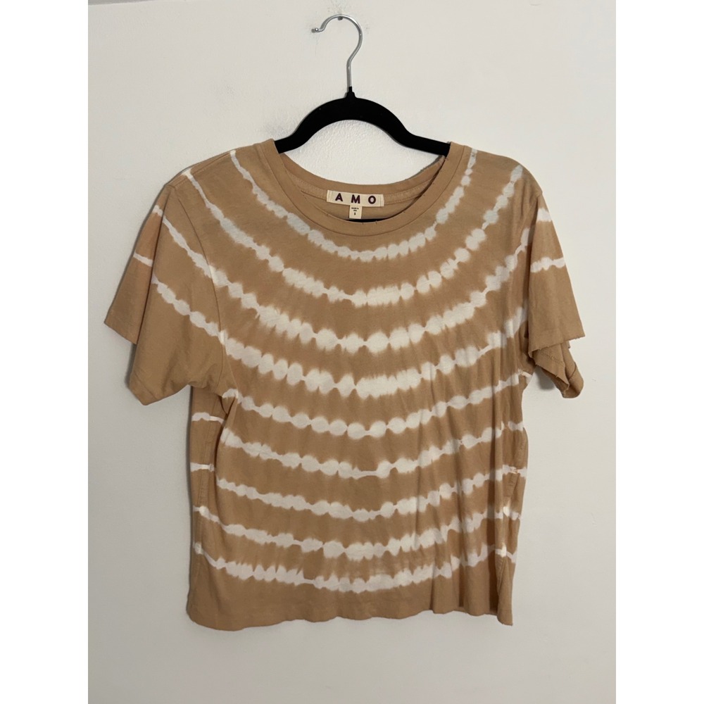 AMO Tie Dye Stripe Short Sleeve Cotton T-Shirt Tan White Size S Women USA Made
